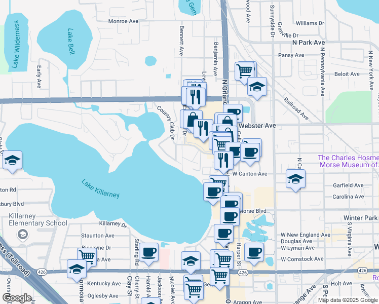 map of restaurants, bars, coffee shops, grocery stores, and more near 415 Country Club Drive in Winter Park