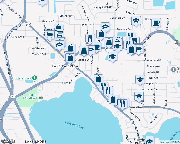 map of restaurants, bars, coffee shops, grocery stores, and more near 4622 Andrus Avenue in Orlando