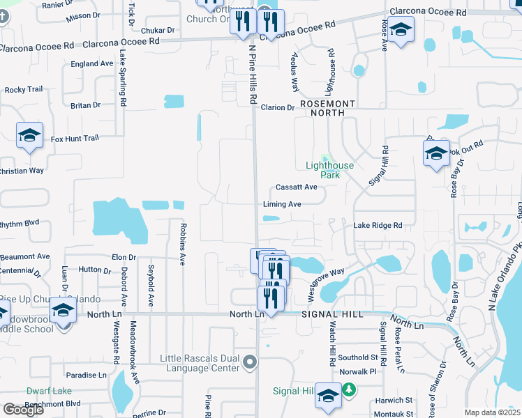map of restaurants, bars, coffee shops, grocery stores, and more near 4881 North Pine Hills Road in Pine Hills