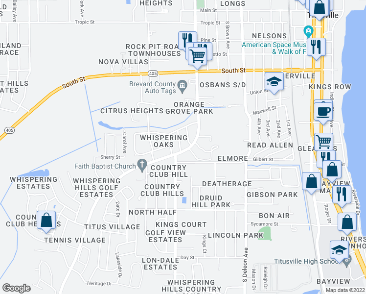map of restaurants, bars, coffee shops, grocery stores, and more near 1041 Tudor Lane in Titusville