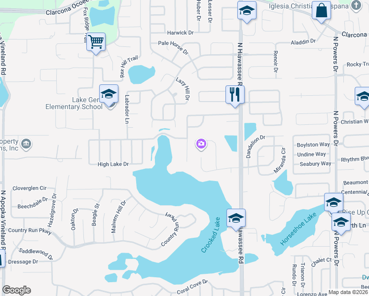 map of restaurants, bars, coffee shops, grocery stores, and more near 7231 Hiawassee Oak Drive in Orlando