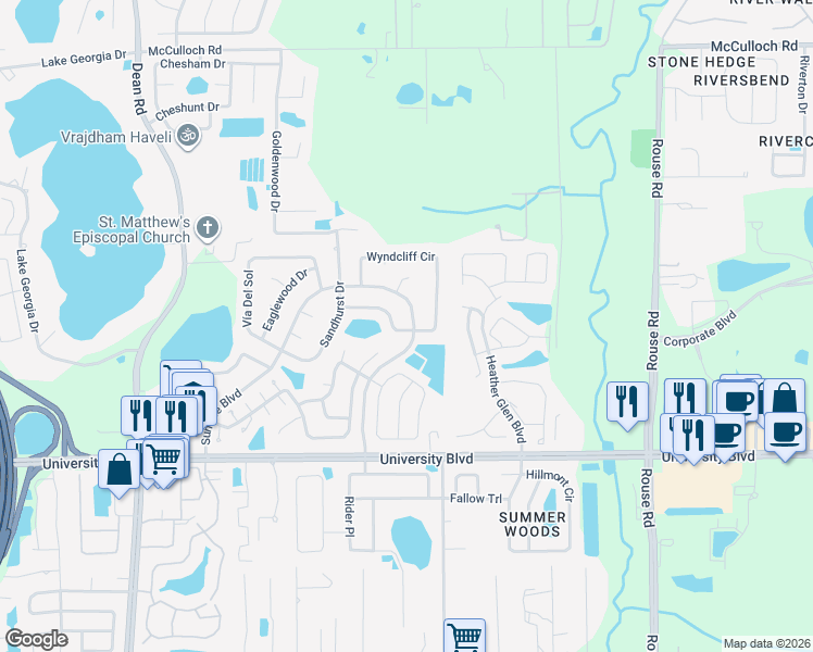 map of restaurants, bars, coffee shops, grocery stores, and more near 4304 Suntree Boulevard in Orlando
