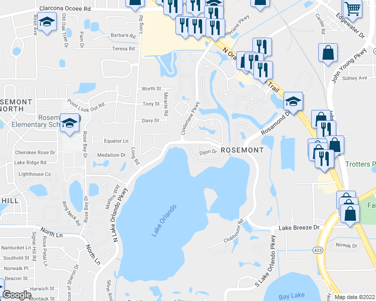 map of restaurants, bars, coffee shops, grocery stores, and more near 4134 Versailles Drive in Orlando