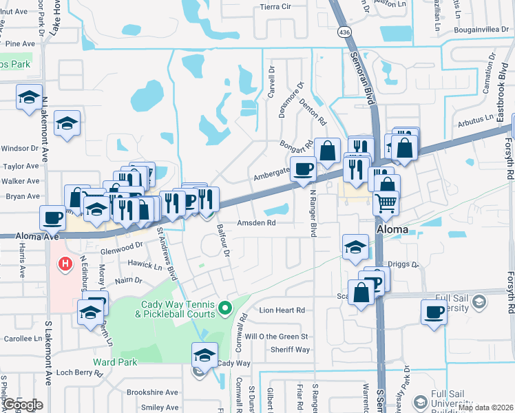 map of restaurants, bars, coffee shops, grocery stores, and more near 420 Carvell Drive in Winter Park