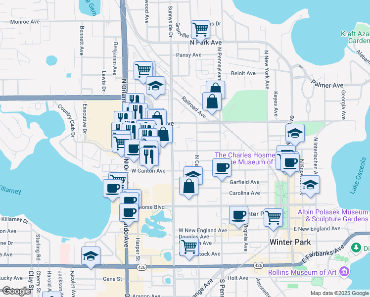 map of restaurants, bars, coffee shops, grocery stores, and more near 841 West Swoope Avenue in Winter Park