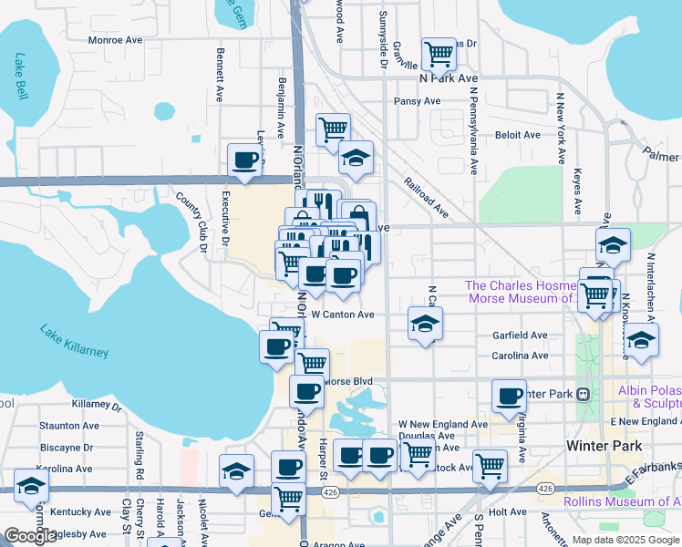 map of restaurants, bars, coffee shops, grocery stores, and more near 480 Orlando Avenue in Winter Park