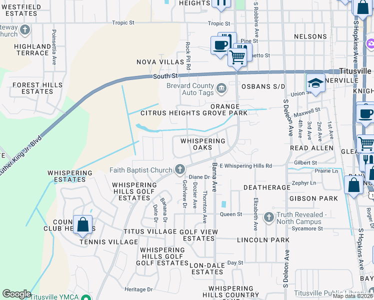 map of restaurants, bars, coffee shops, grocery stores, and more near 1126 Lane Avenue in Titusville