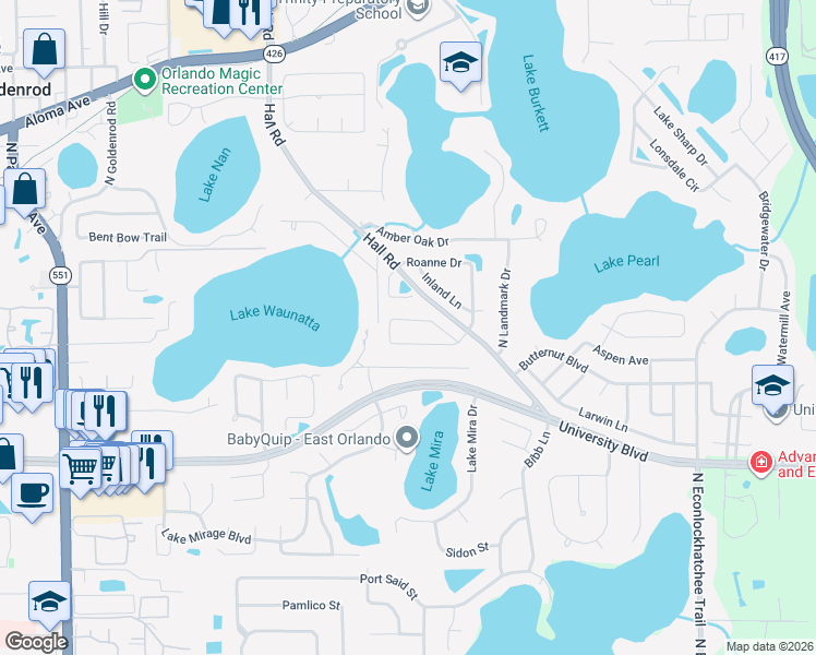 map of restaurants, bars, coffee shops, grocery stores, and more near 8242 Helena Drive in Orlando