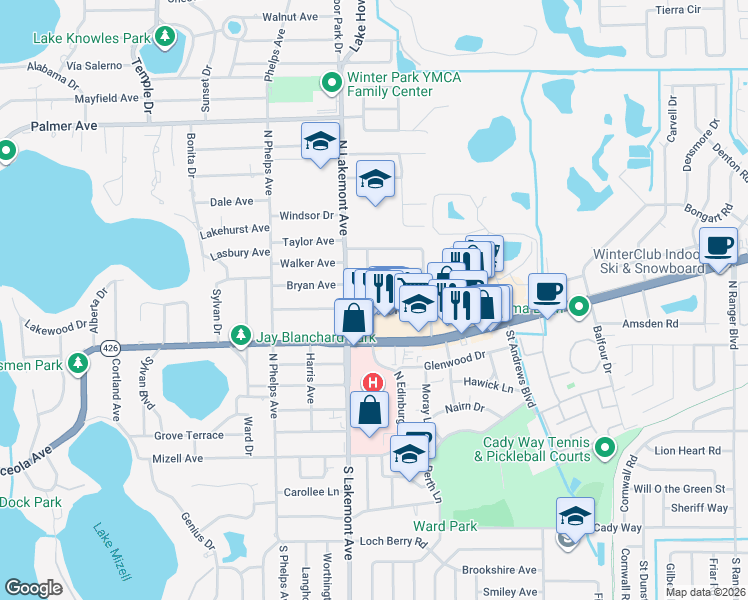 map of restaurants, bars, coffee shops, grocery stores, and more near 1925 Edwin Boulevard in Winter Park