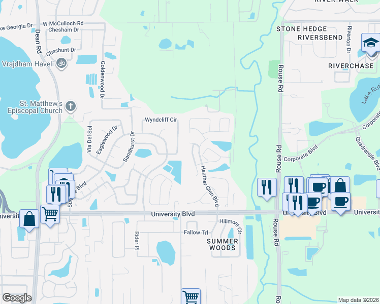 map of restaurants, bars, coffee shops, grocery stores, and more near 4325 Wyndcliff Circle in Orlando