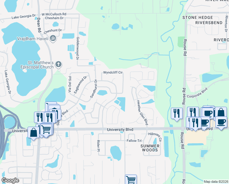 map of restaurants, bars, coffee shops, grocery stores, and more near 4304 Suntree Boulevard in Orlando
