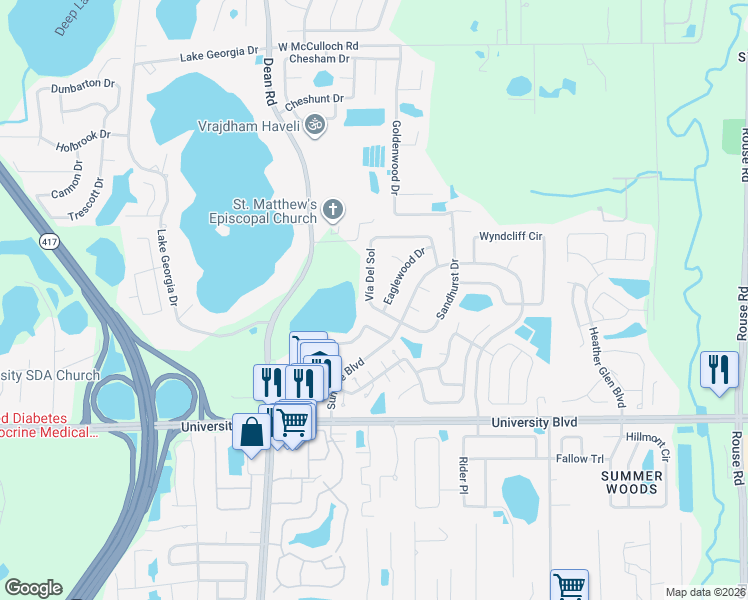 map of restaurants, bars, coffee shops, grocery stores, and more near 4600 Eaglewood Drive in Orlando