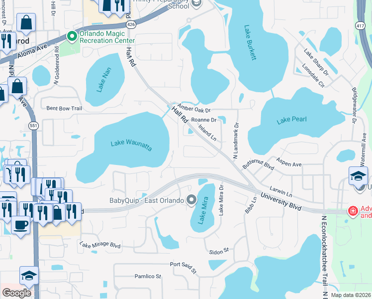 map of restaurants, bars, coffee shops, grocery stores, and more near 8242 Helena Drive in Orlando