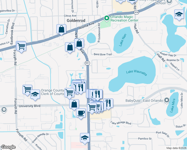 map of restaurants, bars, coffee shops, grocery stores, and more near 7564 Glenmoor Lane in Winter Park