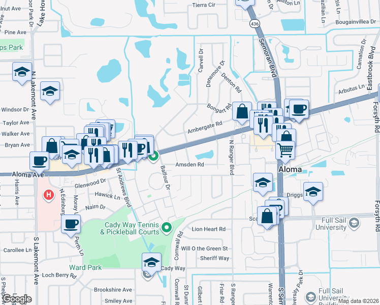 map of restaurants, bars, coffee shops, grocery stores, and more near 420 Carvell Drive in Winter Park