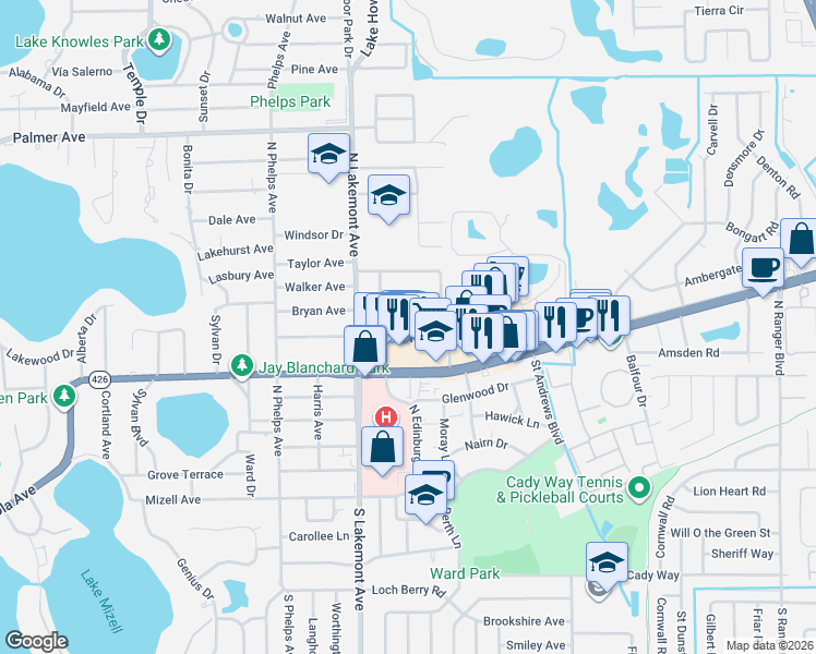 map of restaurants, bars, coffee shops, grocery stores, and more near 2019 Edwin Boulevard in Winter Park