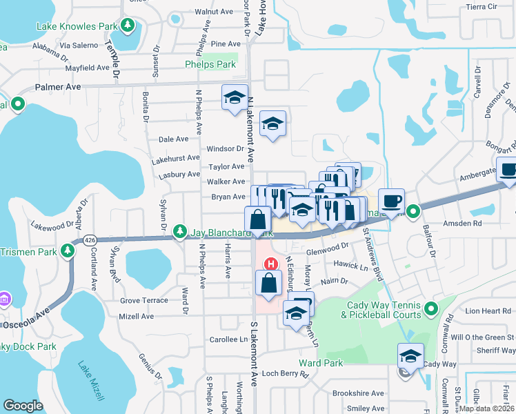 map of restaurants, bars, coffee shops, grocery stores, and more near 1925 Edwin Boulevard in Winter Park
