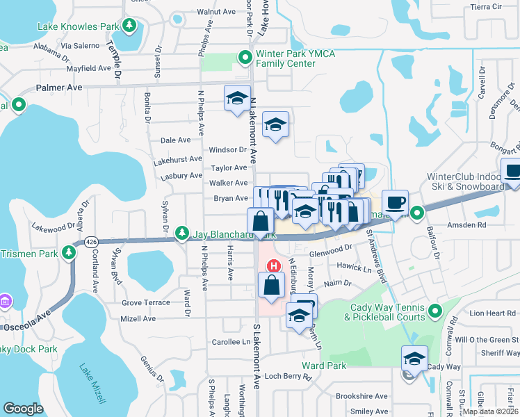 map of restaurants, bars, coffee shops, grocery stores, and more near 1925 Edwin Boulevard in Winter Park