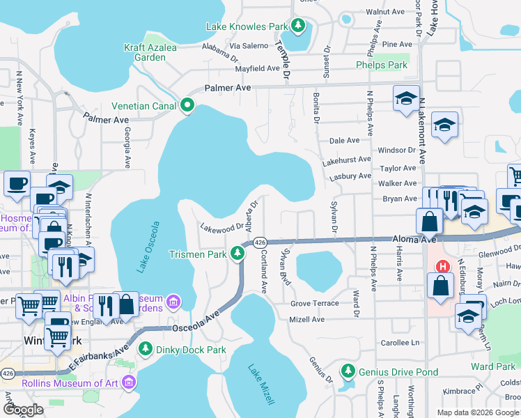 map of restaurants, bars, coffee shops, grocery stores, and more near 410 Cortland Avenue in Winter Park