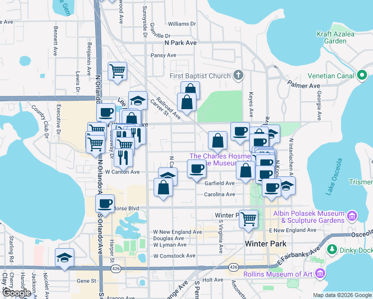 map of restaurants, bars, coffee shops, grocery stores, and more near 601 West Swoope Avenue in Winter Park