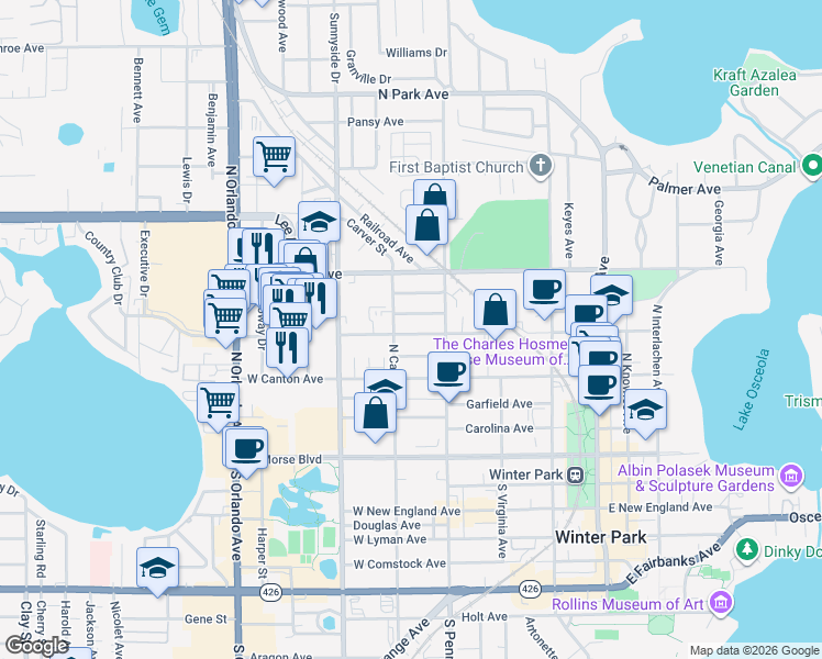 map of restaurants, bars, coffee shops, grocery stores, and more near 701 West Swoope Avenue in Winter Park