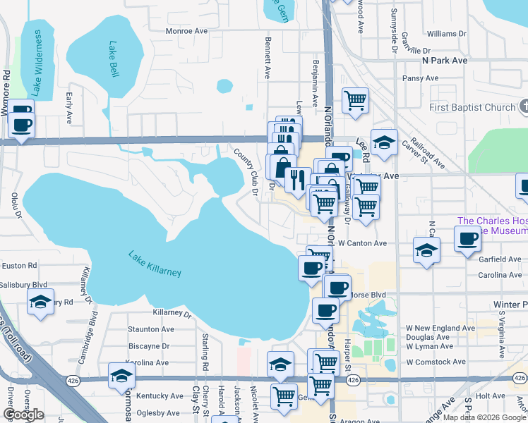 map of restaurants, bars, coffee shops, grocery stores, and more near 415 Country Club Drive in Winter Park