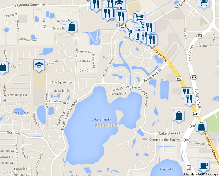 map of restaurants, bars, coffee shops, grocery stores, and more near 4134 Versailles Drive in Orlando