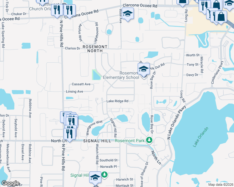 map of restaurants, bars, coffee shops, grocery stores, and more near 4845 Cherokee Rose Drive in Orlando