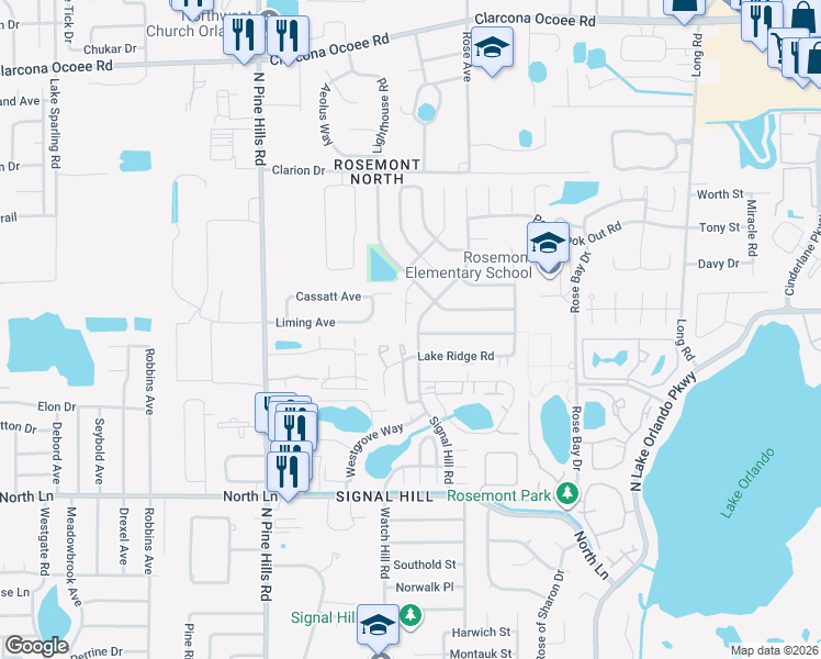 map of restaurants, bars, coffee shops, grocery stores, and more near 4949 Signal Hill Road in Orlando
