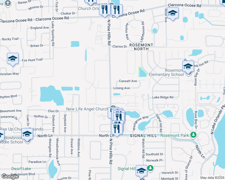 map of restaurants, bars, coffee shops, grocery stores, and more near 4881 North Pine Hills Road in Pine Hills