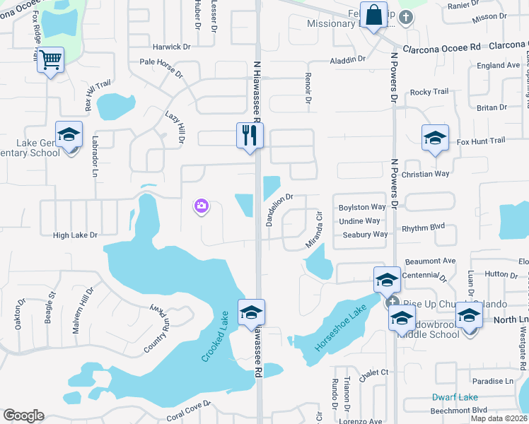 map of restaurants, bars, coffee shops, grocery stores, and more near 4736 Dandelion Drive in Orlando
