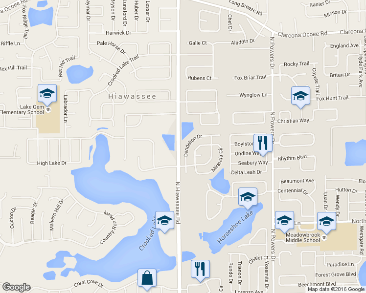 map of restaurants, bars, coffee shops, grocery stores, and more near 4736 Dandelion Drive in Orlando