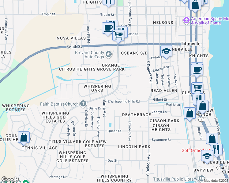 map of restaurants, bars, coffee shops, grocery stores, and more near 1105 South Park Avenue in Titusville