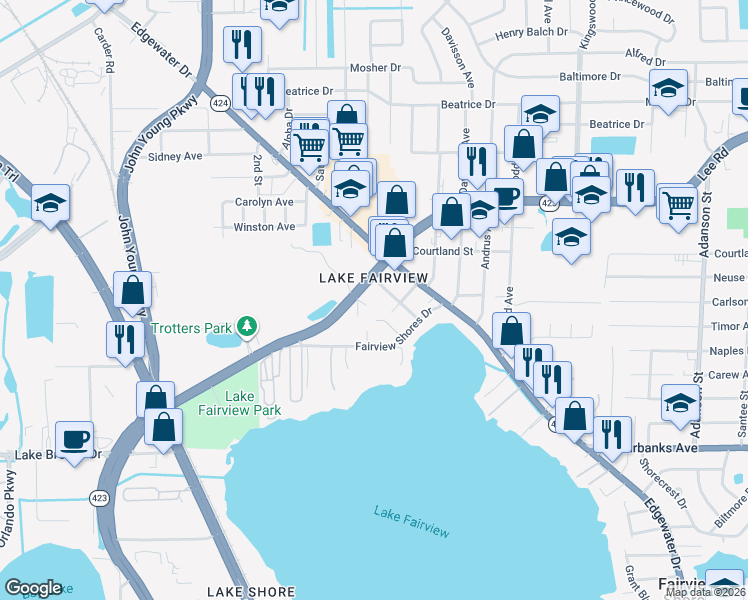 map of restaurants, bars, coffee shops, grocery stores, and more near 1810 Lee Road in Orlando