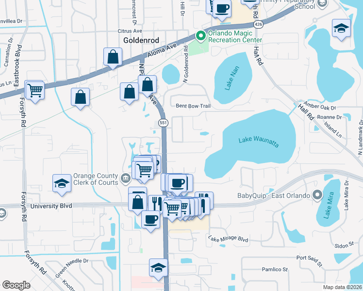 map of restaurants, bars, coffee shops, grocery stores, and more near 7564 Glenmoor Lane in Winter Park