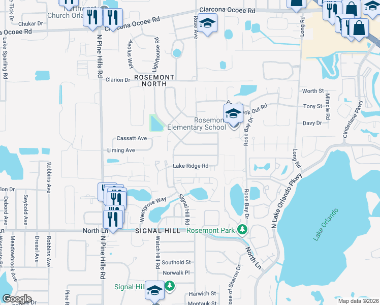 map of restaurants, bars, coffee shops, grocery stores, and more near 4845 Cherokee Rose Drive in Orlando