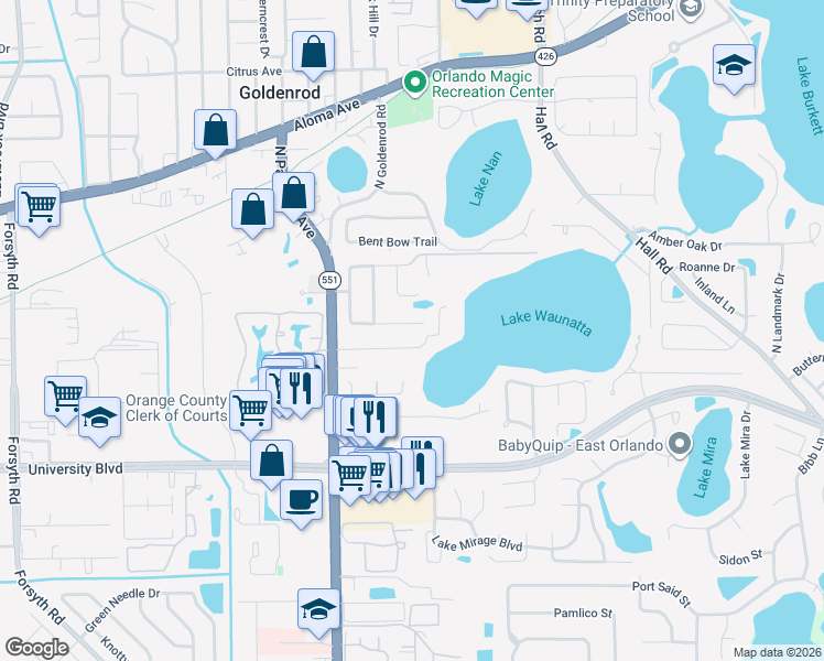 map of restaurants, bars, coffee shops, grocery stores, and more near 7524 Glenmoor Lane in Winter Park
