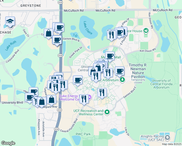 map of restaurants, bars, coffee shops, grocery stores, and more near 12778 Aquarius Agora Drive in Orlando
