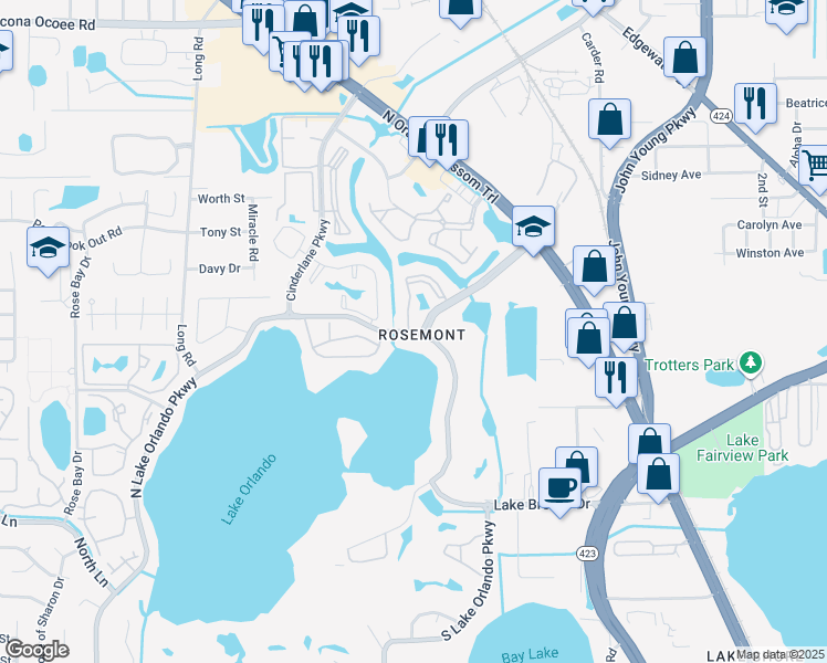 map of restaurants, bars, coffee shops, grocery stores, and more near 4320 North Lake Orlando Parkway in Orlando