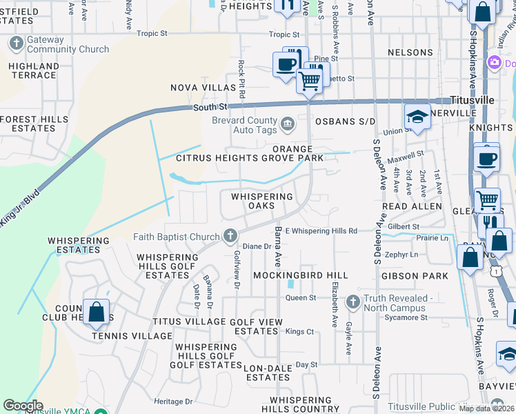 map of restaurants, bars, coffee shops, grocery stores, and more near 2000 Smith Drive in Titusville
