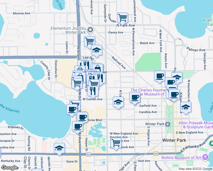 map of restaurants, bars, coffee shops, grocery stores, and more near 510 North Orlando Avenue in Winter Park
