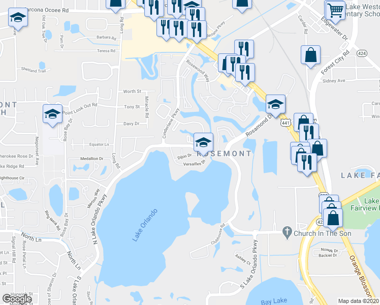map of restaurants, bars, coffee shops, grocery stores, and more near 4118 Dijon Drive in Orlando