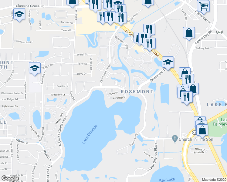 map of restaurants, bars, coffee shops, grocery stores, and more near 4118 Dijon Drive in Orlando