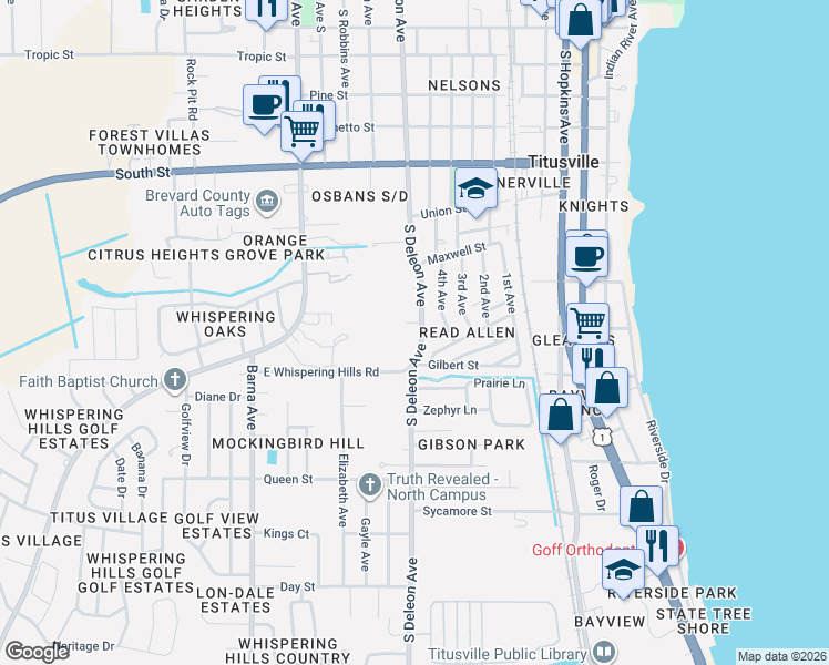 map of restaurants, bars, coffee shops, grocery stores, and more near 1158 South Deleon Avenue in Titusville