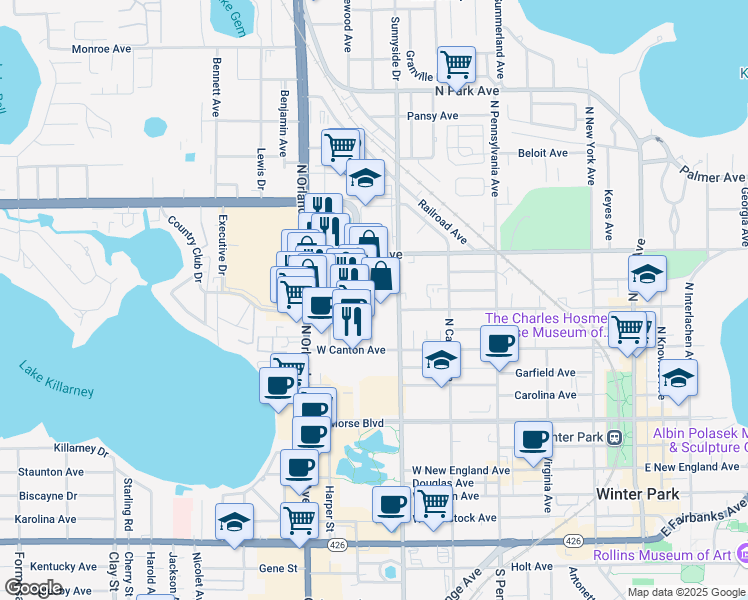 map of restaurants, bars, coffee shops, grocery stores, and more near 500 North Orlando Avenue in Winter Park