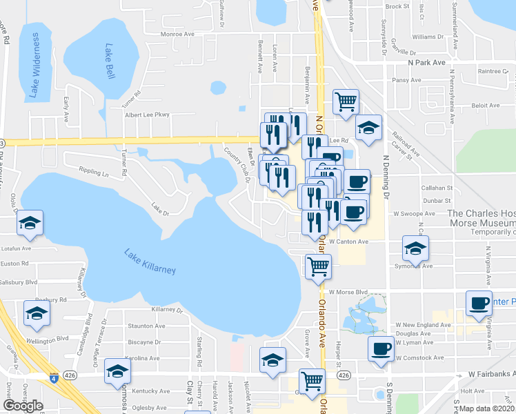 map of restaurants, bars, coffee shops, grocery stores, and more near 415 Country Club Drive in Winter Park
