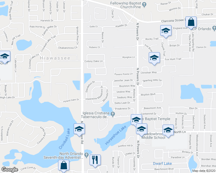 map of restaurants, bars, coffee shops, grocery stores, and more near 4720 Miranda Circle in Orlando