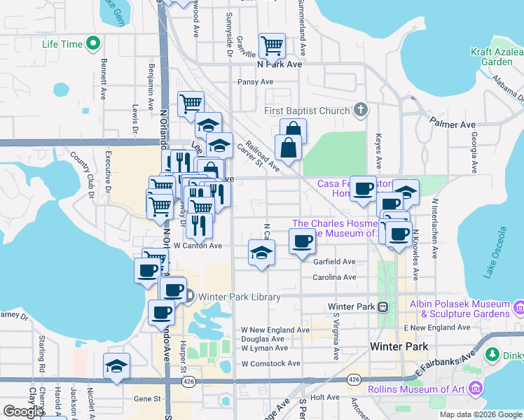 map of restaurants, bars, coffee shops, grocery stores, and more near 841 West Swoope Avenue in Winter Park
