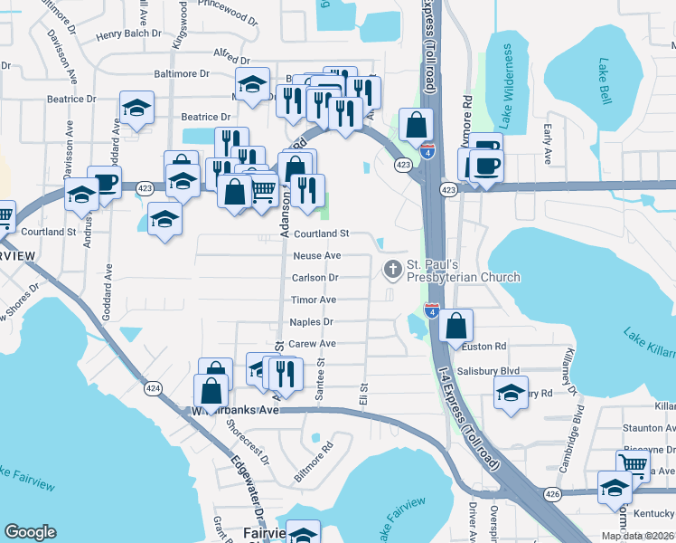 map of restaurants, bars, coffee shops, grocery stores, and more near 766 Carlson Drive in Orlando
