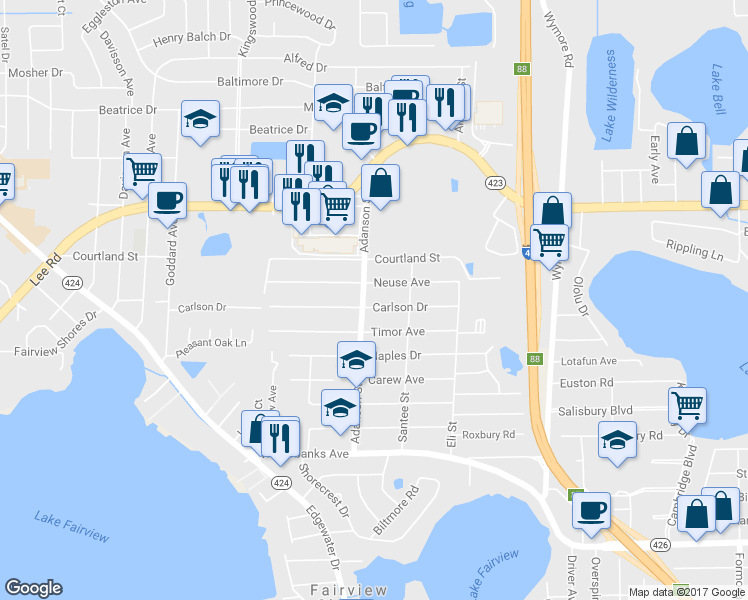 map of restaurants, bars, coffee shops, grocery stores, and more near 865 Carlson Drive in Orlando